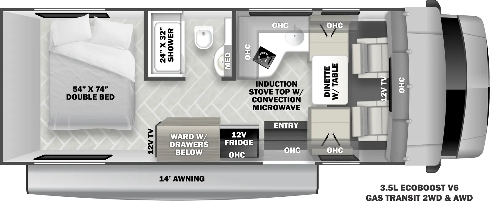 The TS2380 has no slide outs. Exterior features include a 14 ft. awning and it is built on the 3.5L Eco-Boost V6 Gas Transit chassis (2WD & AWD available). Interior layout from front to back includes a: cab over overhead cabinet and 12V TV; opposing side chairs with dinette table; off-door side kitchen with L-shaped countertop and cabinets, induction stove top with convection microwave, and sink; 12V refrigerator to the left of the entry door; off-door side bathroom with 24 x 32 shower, toilet, sink and medicine cabinet; wardrobe with drawers across from bathroom; rear bedroom with 54 x 74 double bed and 12V TV.